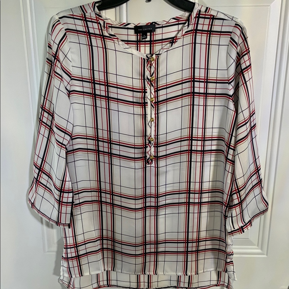 The Limited White Plaid Henley Blouse with Red and Black Stripes
